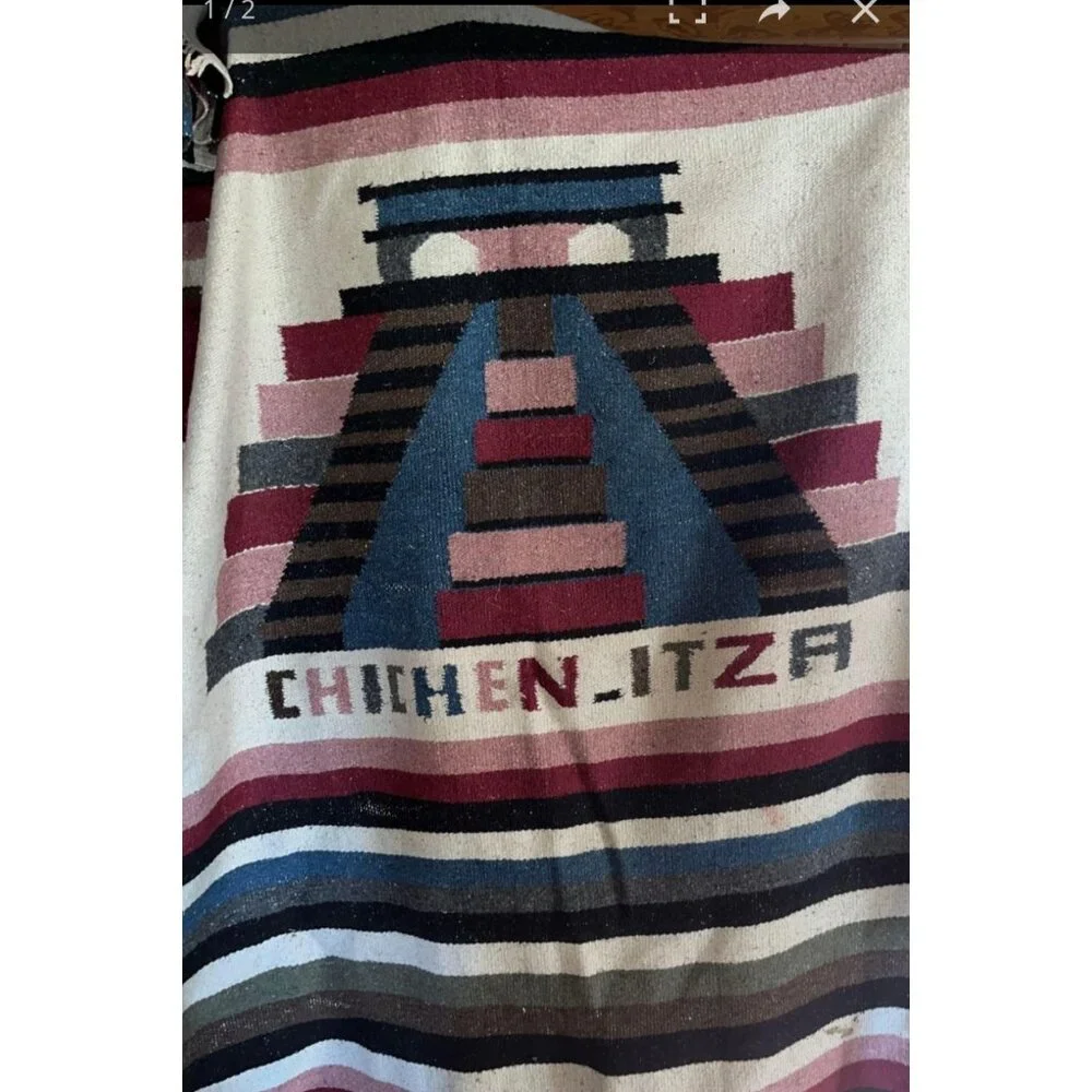 Vintage Handwoven Mexican Sherpa Blanket Tapestry Rug Chichen Itza 44x76 Aztec‎
